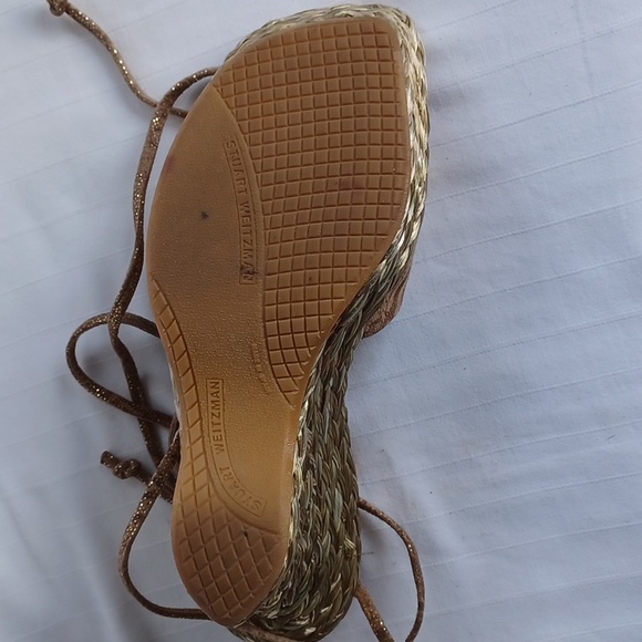 Stuart Weitzman Metallic Gold Espardrille Ankle Wrap Wedges- Sz. 7 - Picture 8 of 13